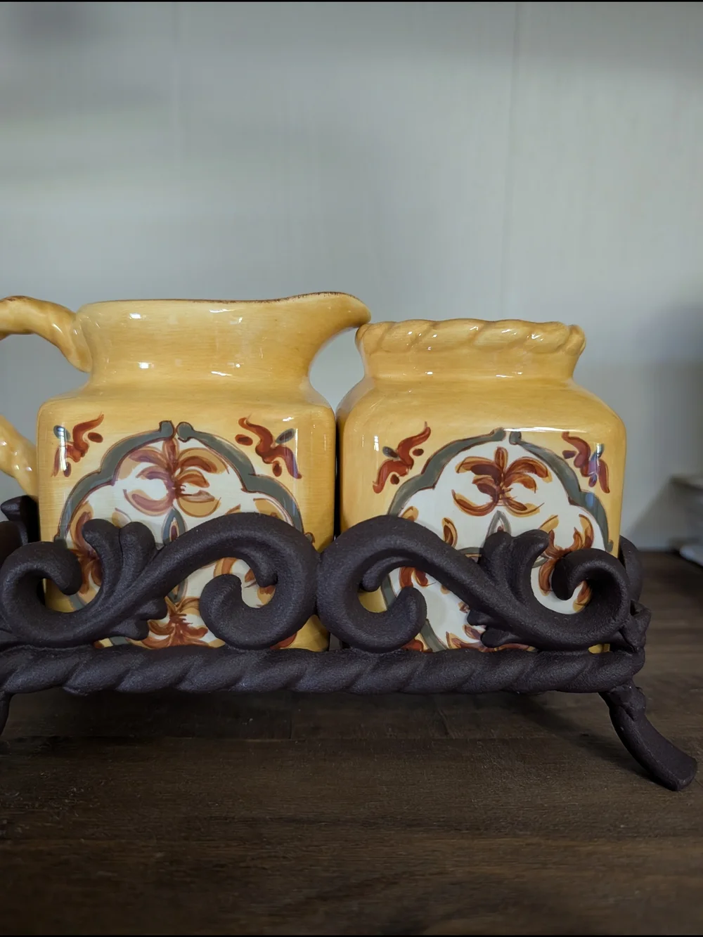 Yellow Ceramic Creamer and Sugar Set with Brown Decorative Tray